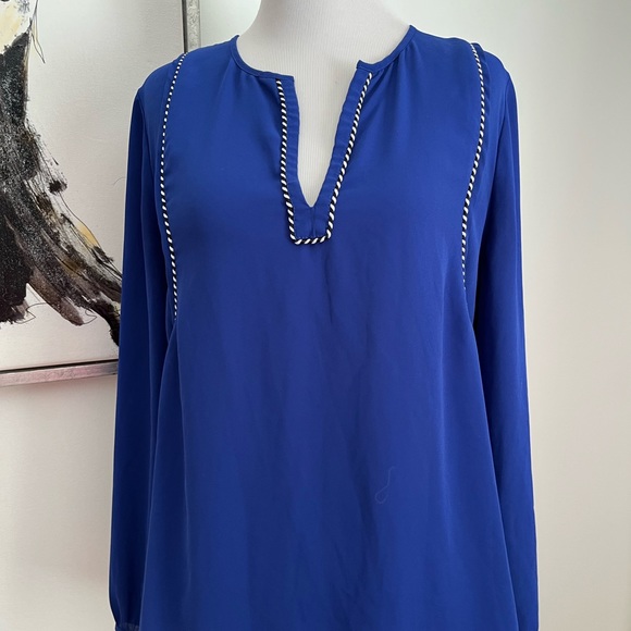 J. Crew Royal Blue Chiffon Trim Top Long Sleeve Blouse Size 4 - Picture 2 of 10